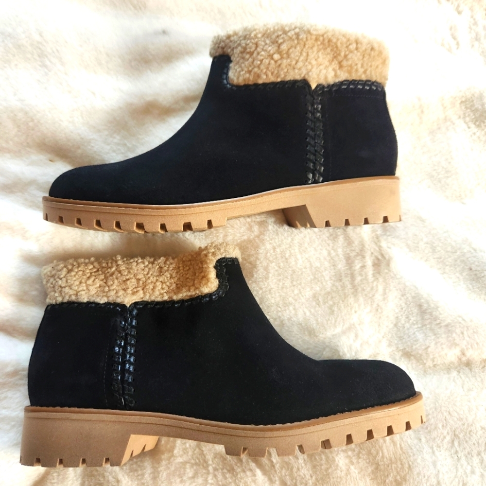 JACK ROGERS Sophie Sherpa Ankle Boots WOMENS 10M Black Suede Sherpa Tan Low Heel
